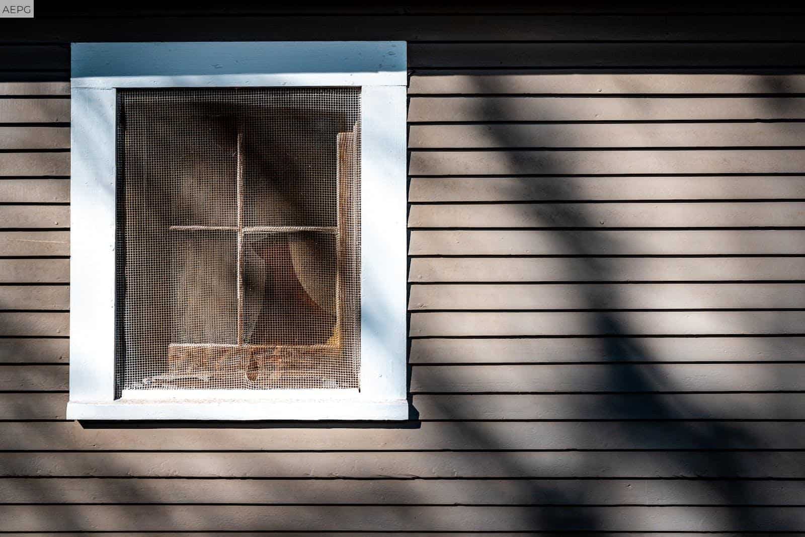 Wall of a House with a Window Covered with Net